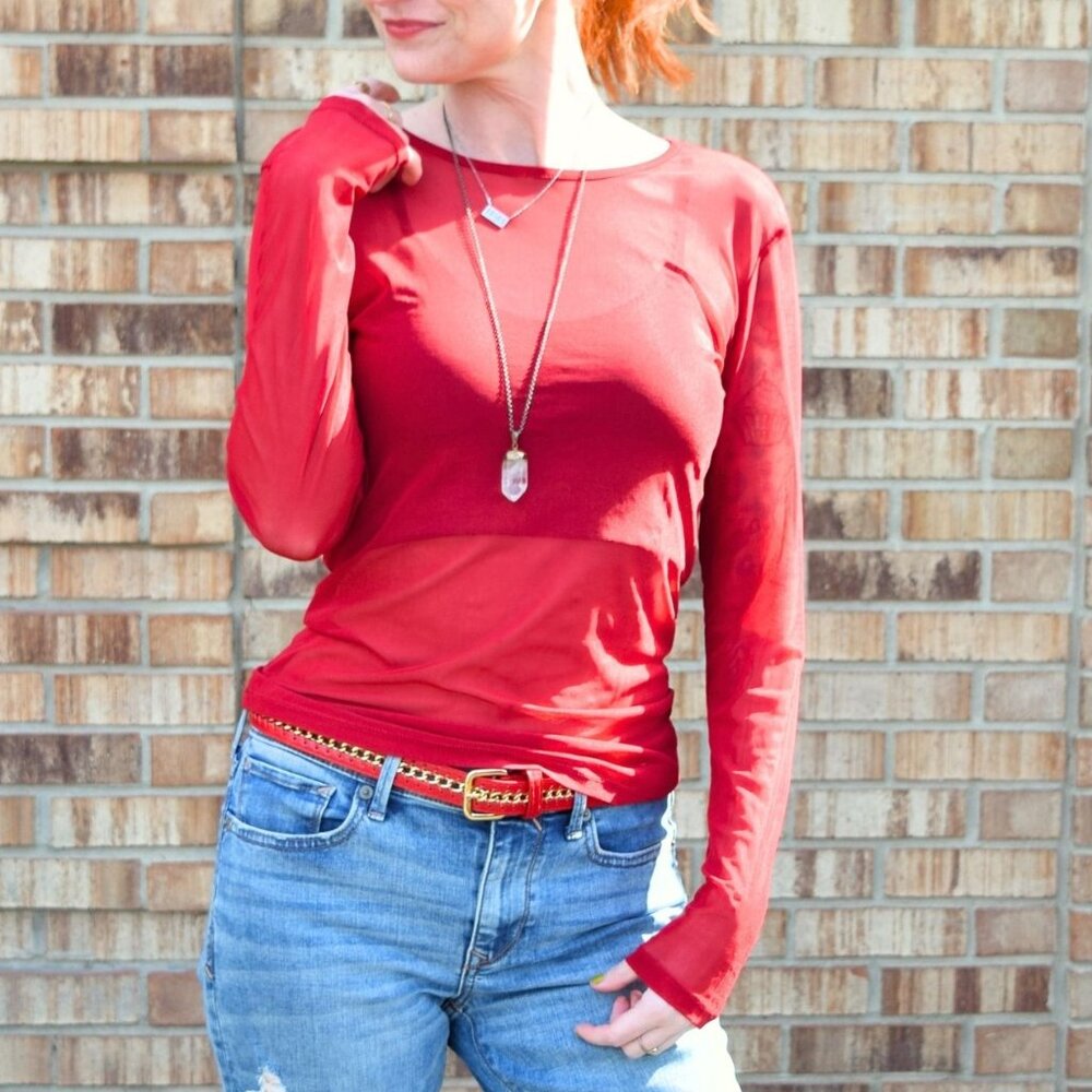 Sheer Red Mesh Long Sleeve Top